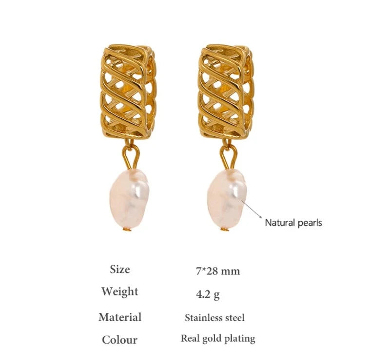 Trendy Geometric Baroque Freshwater Pearl 18K Gold Plated Dangle Earrings