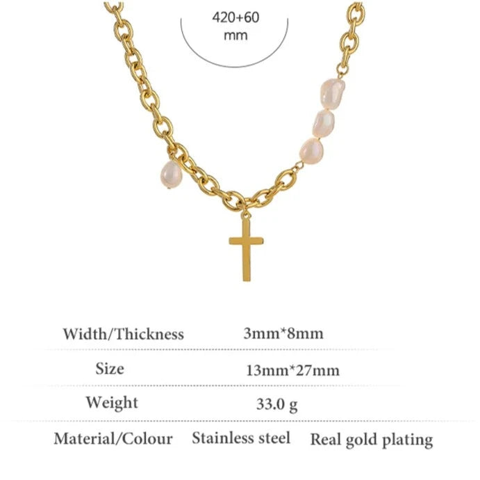 Stylish Cross Pendant 18K Gold Plated Baroque Pearls Chain Necklace