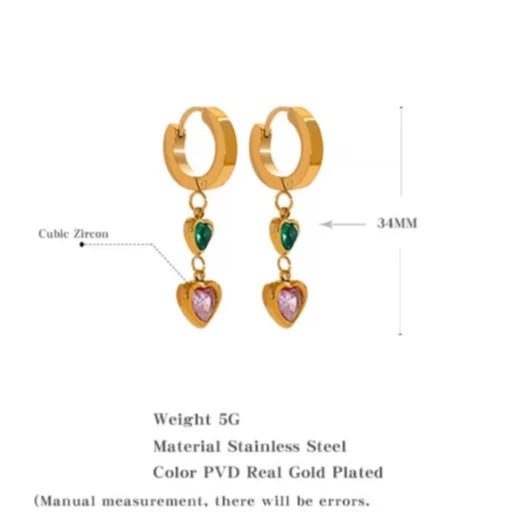 Elegant Heart Shape Zirconia 18K Gold Plated  Dangle Earrings