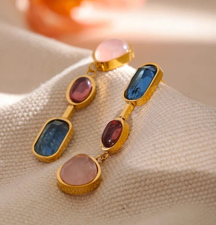 Natural Bohemia Gemstones 18K Gold Plated Dangle Earrings