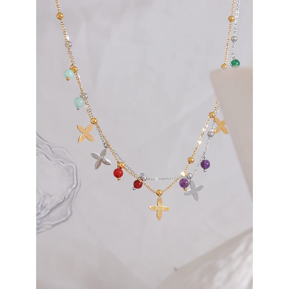 Exquisite Clover Flower Color Stones 18K Gold Plated Necklace