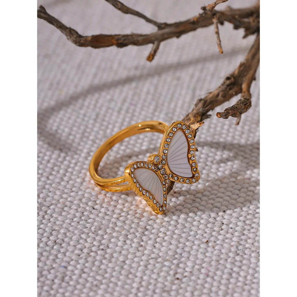 Exquisite Natural Shelll Butterfly 18K Gold Plated Zirconia Ring